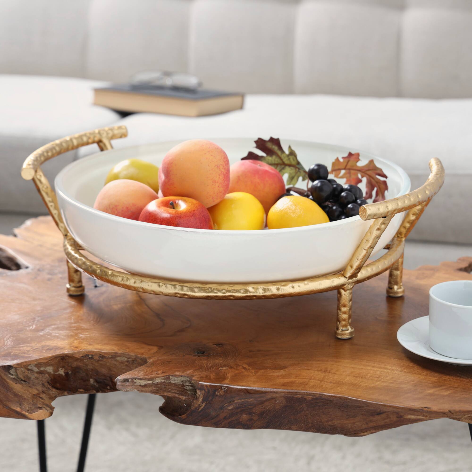 CosmoLiving by Cosmopolitan 19" White Glass Kitchen Serving Bowl with Gold Metal Stand